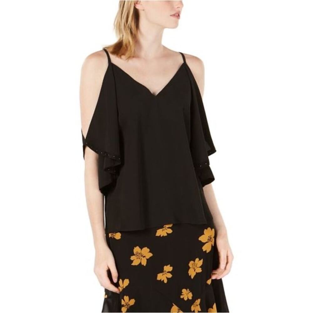 Bar III Midnight Bloom Deep Black Studded Cold Shoulder Top - S